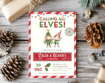 Elf Birthday Invitation, Siblings Elf Party Invitations, Holiday Party, Editable Digital Download Kids Holiday Celebration, Instant Download