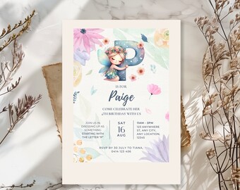 First Letter of Your Name Party Invitation, Fairy Birthday Party Invite, Alphabet Letter Party, P is for Dressup Party, Editable Template