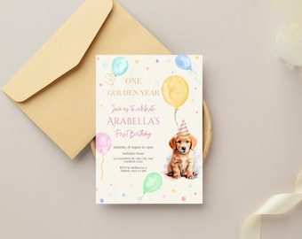 Invitación de cumpleaños con globos de confeti para golden retriever, Un año dorado, Invitación a fiesta de cachorros, Invitación a fiesta de perros, Descarga digital