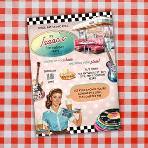 Girl&#39;s Retro Diner Birthday, Sock Hop 50&#39;s 60&#39;s Retro Diner Invite, Retro Diner Party, American Diner Invite, Retro Pink Diner Party Invite