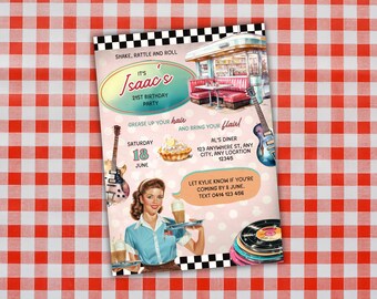 Girl's Retro Diner Birthday, Sock Hop 50's 60's Retro Diner Invite, Retro Diner Party, American Diner Invite, Retro Pink Diner Party Invite