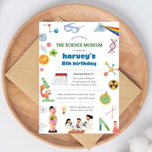 Wissenschaftsmuseum Geburtstagsfeier, einfache Museumseinladung, Kindermuseumsparty, Museumsausflug einladen, bearbeitbares Kind einladen, Wissenschaft Spaß Kinder