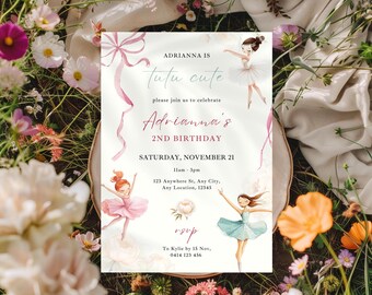 Tutu Cute, Editable Ballerina Invitation, Pink Bow Ballerina Birthday Invite, Girl Pink Coquette Ballet Tutu Party Invite, Girl 2nd Birthday
