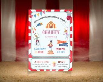 May include: A colorful circus-themed birthday invitation for Charity's 6th birthday. The invitation features a red and white striped background with a cartoon circus tent, a clown, a juggler, and an elephant. The text on the invitation reads "Come to the greatest birthday on Earth" and "Charity is turning 6". The invitation also includes the date and time of the party, as well as the address and RSVP information.