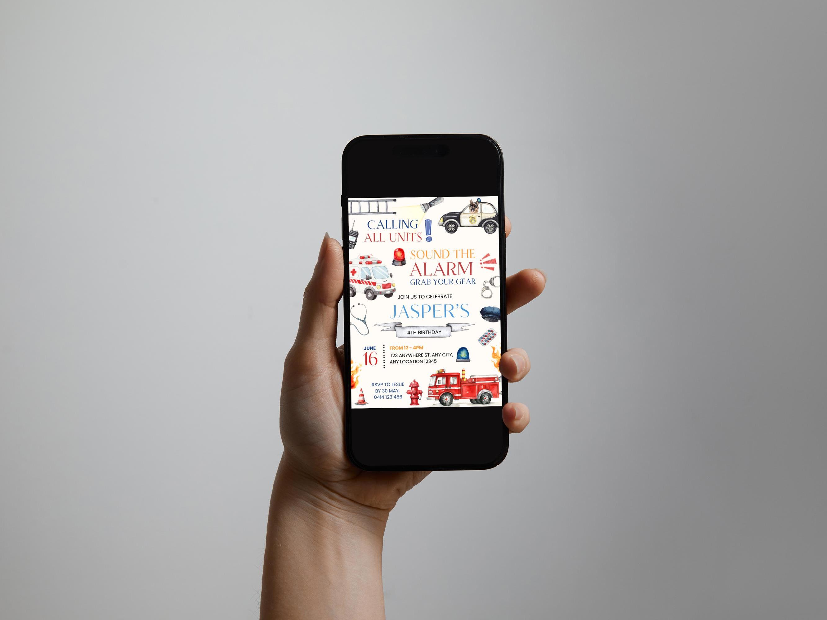 Emergency Vehicles Birthday Invitation Editable, First Responders Theme ...