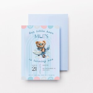 Teddy Bear Birthday Invitation, Editable Teddy Invite, Bear in Plane Invite
