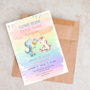 Unicorn and Dinosaur Birthday Party Invite, Editable Template, Sibling Joint Birthday, Pastel Rainbow Invite, Digital Download Invite