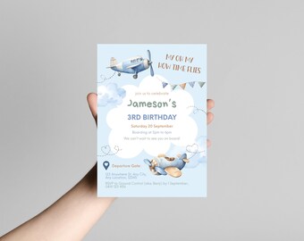My Oh My How Time Flies Invite, Blue Gingham Airplane Invite, Boy Birthday Invitation, Boy Airplane Party, Gingham Design, Digital Invite