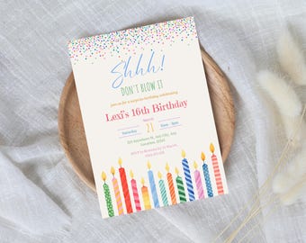 Candles Birthday Invite, Editable Party Template, Printable Surprise Invitation, Colorful Confetti, Kids Birthday Celebration