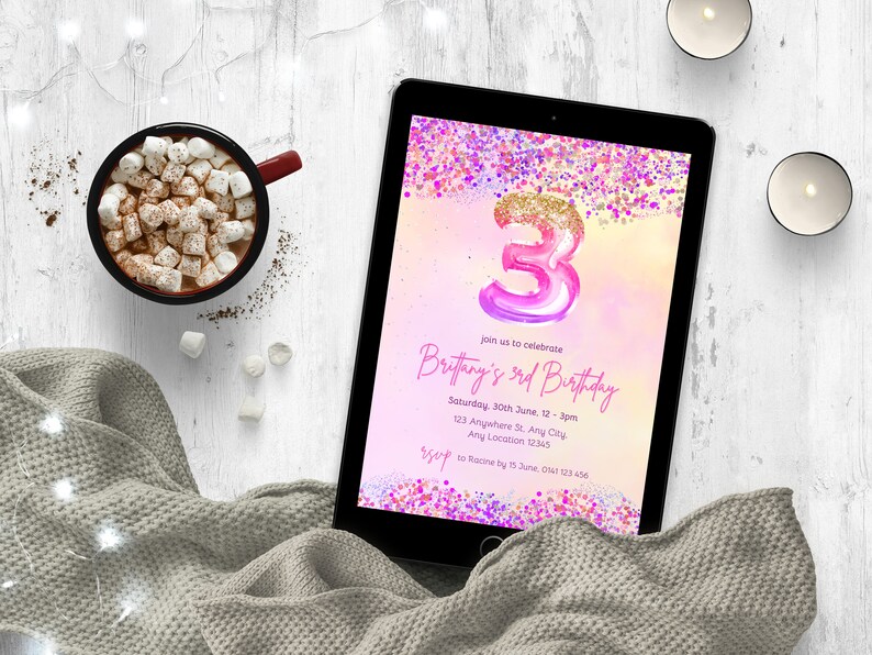 Editable Pink 3rd Birthday Invitation, Glitter Birthday Party Invite ...