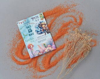 May include: A blue and green invitation card with a mermaid and a pirate illustration. The text on the card reads "Calling all Mermaids & Pirates, Pete is 8, Sat 15 May, Amira is 6, 10am to 3pm, 123 Anywhere St, Any City, Any Location, 12345, RSVP to Natalie by 30 April, 123-456-7890".