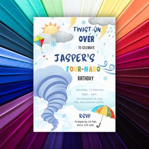 Tornado Party, Girl Boy Twister Birthday Invite, 4th Birthday Invite, Storm Theme Birthday, Tornado Invitations, Colorful Storm Invite