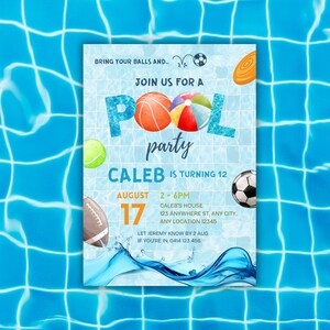 Football Pool Party Invite, Basketball Swimming Invitation, Sports Pool Invite, Pool Party Invitation, Boy Birthday Party, Editable Template