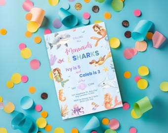 Cute Blue Shark & Mermaid Invite, Joint Birthday Party, Editable Digital Download for Siblings, Boy Girl Celebration, Under the Sea Theme