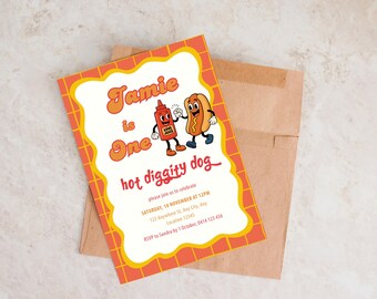 Convite de aniversário retrô com tema de cachorro vermelho, para amantes de animais de estimação, "Que Cachorro-Quente!", modelo divertido para festa de cachorro para crianças, festa de cachorro-quente, convite com ketchup e mostarda.