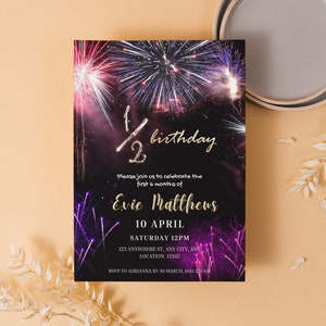 Half Birthday Invitation, 6 Months Party Invite, 1/2 Birthday Invitation, Half Birthday Party, Fireworks Invitation, Instant Download