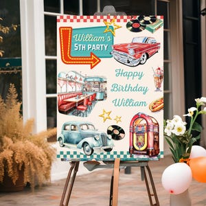Retro Diner Birthday Welcome Sign, 1950&#39;s Birthday Invite,  Sock Hop 50&#39;s Retro Diner Welcome Sign, Retro Diner Party, American Diner Sign