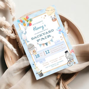 Blue Plaid Invitation Template, Backyard Fair Party Invite, Ferris Wheel Invitation, Carnival Party Invitation, Animal Fair Invitation