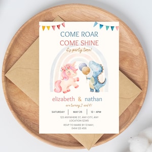Boho Rainbow Unicorn and Dinosaur Birthday Party Invite, Editable Template, Sibling Joint Birthday, Boho Birthday, Digital Download Invite
