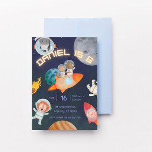 May include: A colorful invitation for a birthday party with a space theme. The invitation features a rocket ship with animals wearing astronaut suits, planets, and stars. The text on the invitation reads "Daniel is 6" and includes the date, time, and location of the party.