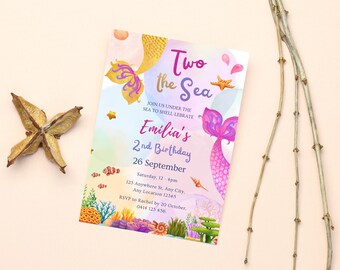 Invitation d'anniversaire de sirène, deux de la mer, modèle d'invitation modifiable pour le 2e anniversaire, queue de sirène aquarelle rose doré, téléchargement immédiat