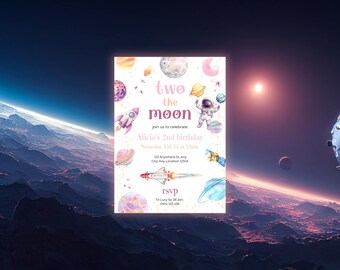Two The Moon Birthday Invite Girl, Girl 2nd Birthday, Space 2nd Birthday Invitation, Pink Outer Space Party Theme Invite, Editable Template