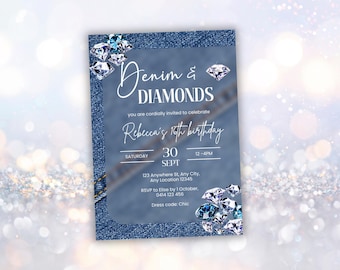 Denim And Diamond Invite, Denim & Diamonds Party Invitation, Denim and Bling Birthday Party, Sweet 16, Elegant Women Invitation 30th 40th