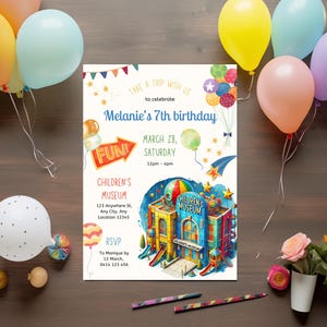 Museumseinladung, Museums-Geburtstagsfeier, Kinder-Museumsparty, Museumsausflug einladen, bearbeitbare Kinder einladen, wunderliche Kinderparty einladen
