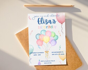 Colourful Balloons Birthday Invite, Pastel Balloons Birthday Invitation, Editable Balloons Invite