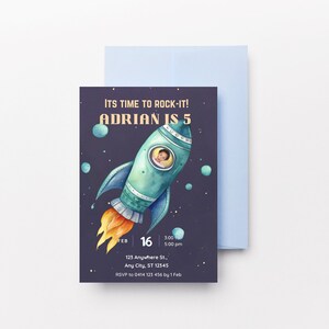 May include: A blue and green rocket ship with a photo of a child in the window. The rocket is flying through space with stars and planets in the background. The text "ITS TIME TO ROCK-IT! ADRIAN IS 5" is at the top of the card. The card also includes the date "FEB 16", the time "3:00 to 5:00 pm", the address "123 Anywhere St., Any City, ST 12345", and the RSVP information "RSVP to 0414 123 456 by 1 Feb".