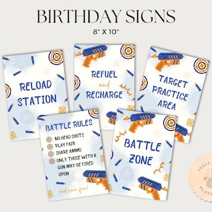 May include: Five printable signs for a laser tag birthday party. The signs are 8 inches by 10 inches and feature blue and yellow illustrations of laser guns and targets. The signs read "Reload Station", "Refuel and Recharge", "Target Practice Area", "Battle Zone", and "Battle Rules".