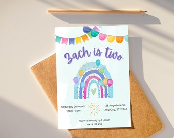 Boho Rainbow Birthday Invitation, Watercolour Rainbow Invitations, Colourful Rainbow Invitations, Editable Rainbow Invite
