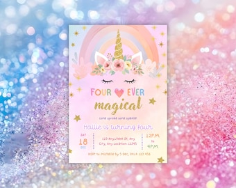 Four Ever Magical Unicorn Birthday Invitation, Editable Pink Yellow Ombre Rainbow Invite, Digital Download for Girls