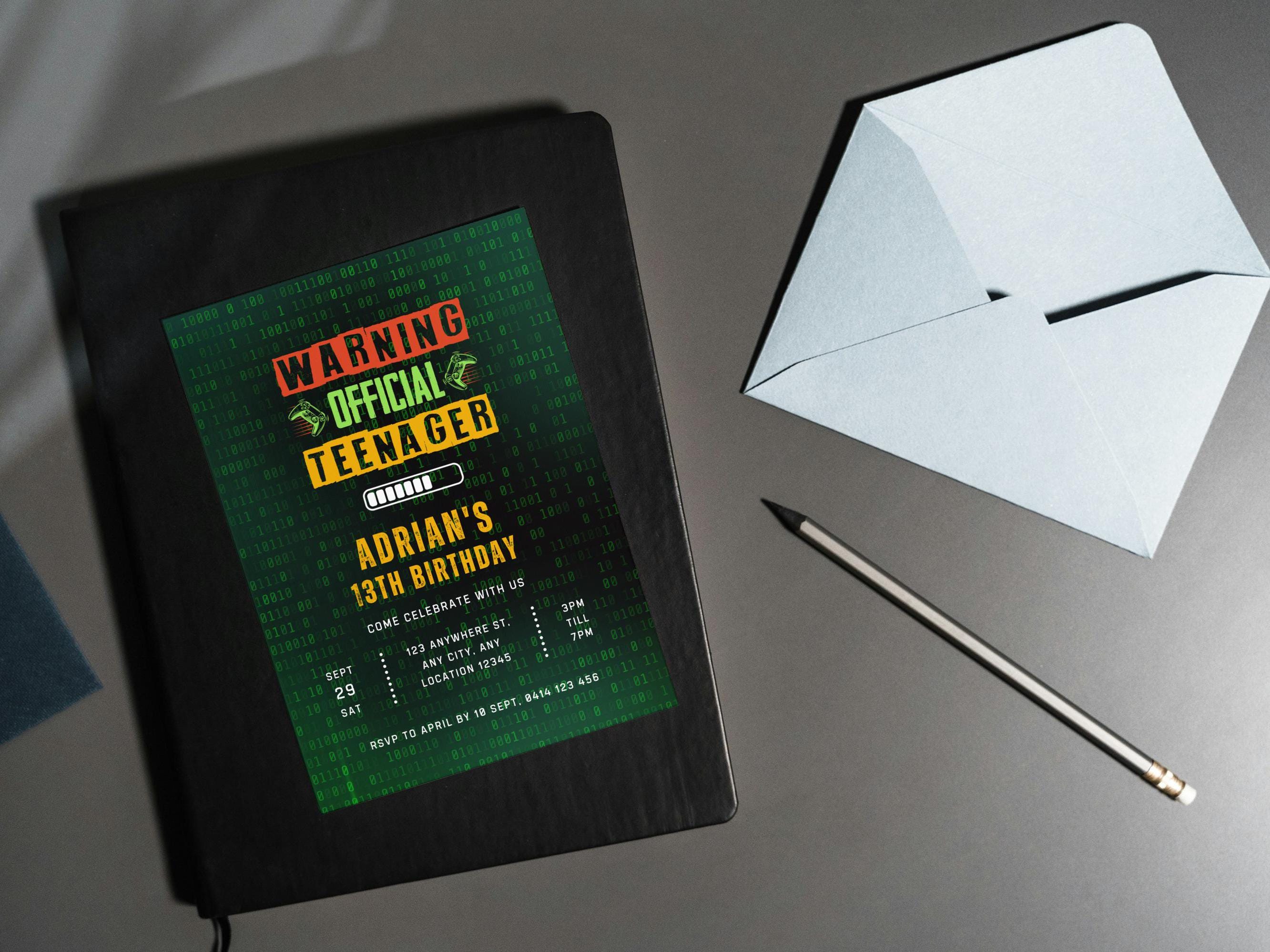 Warning Officially a Teenager, Gaming Teenager Birthday Invitation