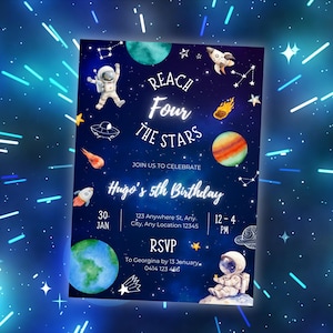 Reach Four The Stars Invitation, Boys Printable Space Theme Bday Invitation, 4th Birthday Invitation, Outer Space Invite, Editable Template