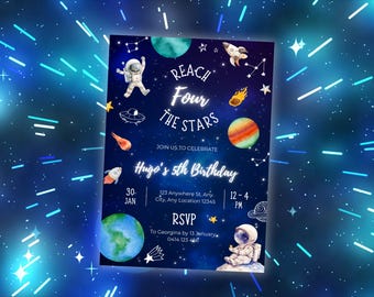 Reach Four The Stars Invitation, Boys Printable Space Theme Bday Invitation, 4th Birthday Invitation, Outer Space Invite, Editable Template