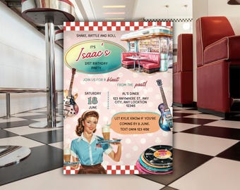 Pink Retro Diner Birthday, 1950's 1960's Birthday Invite,  Sock Hop 50's 60's, Retro Diner Party, American Diner Invite, Retro Party Invite