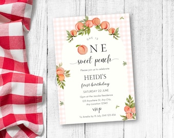 Un melocotón dulce, invitación de primer cumpleaños de melocotón, nuestro pequeño cumpleaños de melocotón, invitación de cumpleaños con tema de melocotón, melocotón dulce, plantilla editable