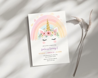 Simple Four Ever Magical Unicorn Birthday Invitation, Minimalist Rainbow Invite, Digital Download for Girls