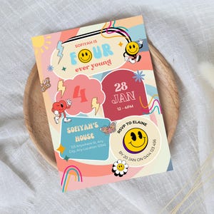 Four Ever Young Birthday Invitation, Retro Smiley Face Invitation, Groovy Birthday Party Invite, 4th Birthday Invitation, Girl 4th Party