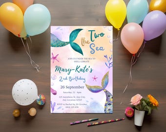 Invitation d'anniversaire de sirène, deux de la mer, modèle d'invitation modifiable pour le 2e anniversaire, queue de sirène aquarelle vert violet, téléchargement immédiat