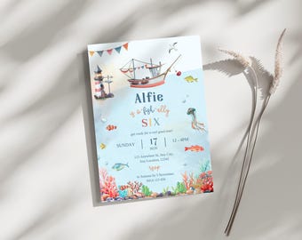 Reel In The Fun, Inbjudan till fiskebåtsfödelsedagsfest, Undervattensfest, Utskrivbar barnfiskefest, Oh-fish-ally One, Redigerbar mall