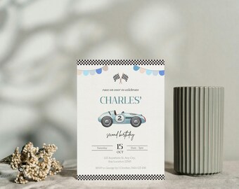 Boy Vintage Blue Race Car Invitation, Race Car Party Invite, Boy Race Car 2nd Birthday Party, Classic Car Lover Birthday Theme, Editable