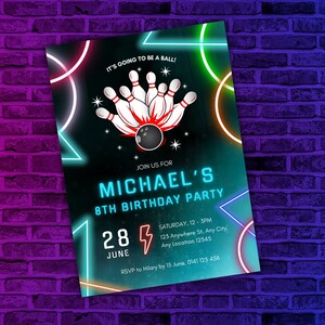 Glow Neon Party Invite, Neon Bowling Invitation, Kids Bowling Party, Boys Bowling Party Invite, Girls Bowling Party, Editable Template