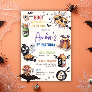 May include: A Halloween-themed invitation for Amber's 5th birthday, with illustrations of waffles, pancakes, and spooky treats. The invitation includes the text "BOO! Wake up witches, it's time to eat" and RSVP details.