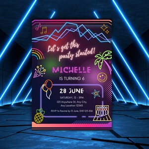 Glow Neon Party Invitation, Kids Bowling Party, Let&#39;s Get This Party Started Invite, Bowling Party Invite, Arcade Party, Editable Template