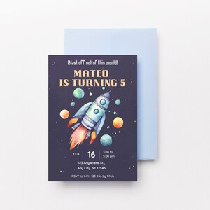 May include: A blue and orange rocket ship with flames flying through space. The text "Blast off out of this world! Mateo is turning 5" is on the invitation. The date is February 16th, 3:00 to 5:00 pm. The address is 123 Anywhere St., Any City, ST 12345. RSVP to 0414 123 456 by 1 Feb.
