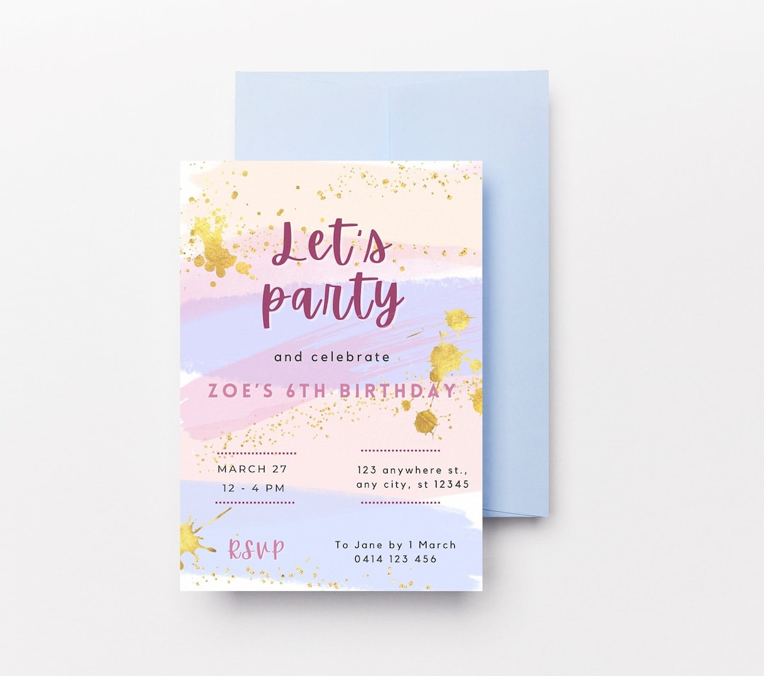 Pastel Birthday Invitation Pastel Brushstroke Party Etsy