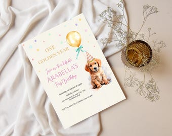 Invitación de cumpleaños de Golden Retriever con confeti, Un año dorado, Invitación a fiesta de cachorros, Invitación a fiesta de perros, Descarga digital editable