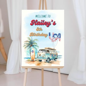 Surfin USA Birthday Welcome Sign, Surf Birthday Party Sign, Summer Surf Party Invitation, Surf&#39;s Up, Beach Birthday, Surfer Van Party Sign